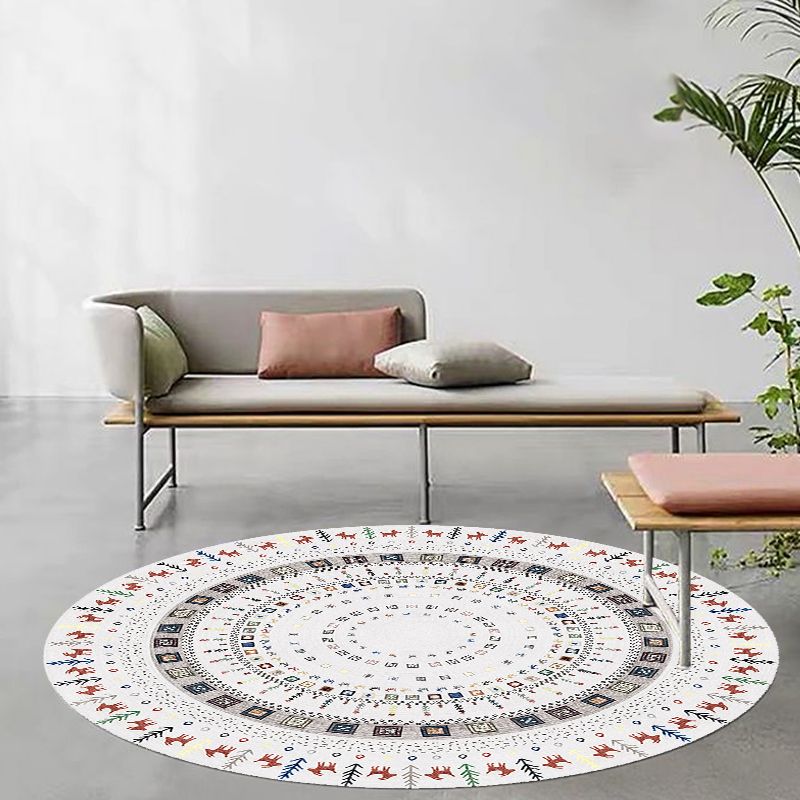 Stylish Tribal Circle Pattern Rug Grey Moroccan Rug Polyester Pet Friendly Non-Slip Backing Washable Area Rug for Living Room