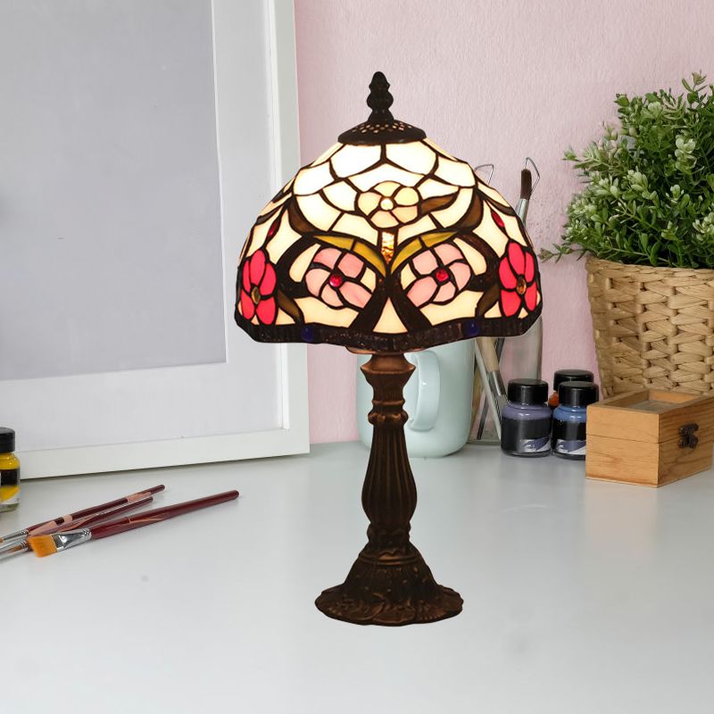 Tiffany Bowl Night Lighting 1 Head Hand Cut Glass Flower Patterned Table Light in Red/Yellow/Purple for Bedside