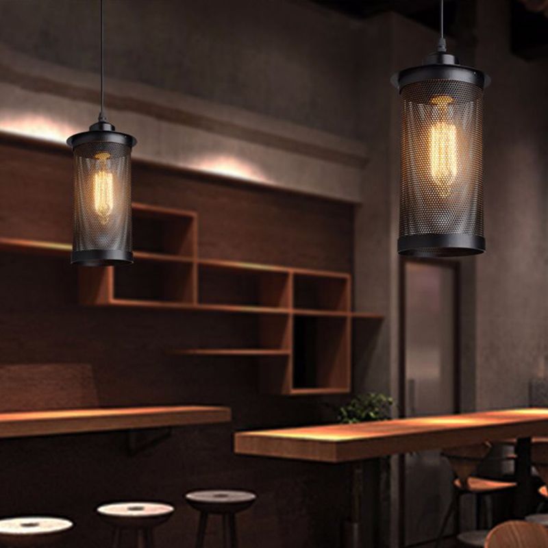 Black Cylindrical Iron Cage Hanging Light Retro Industrial Style Single Bulb Pendant Fixture
