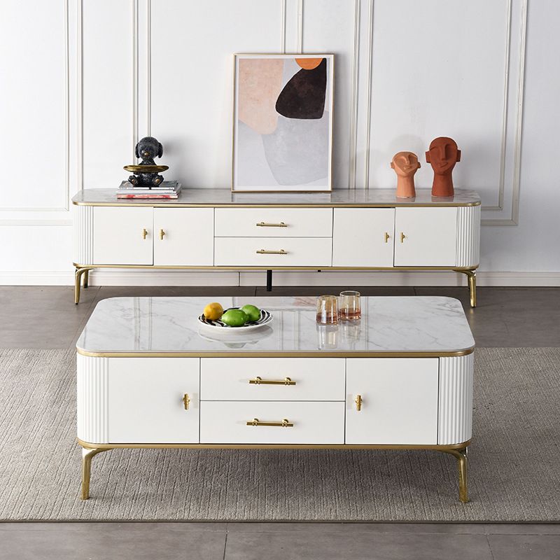 Glam 4 Legs Single Coffee Table Slate Rectangle Cocktail Table with 2 Drawers