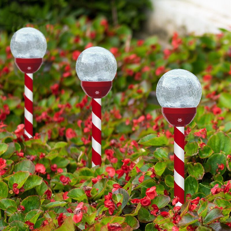 6 Pcs Globe Shaped Crackle Glass LED Stake Light Modern Red-White Solar Lawn Lighting for Garden
