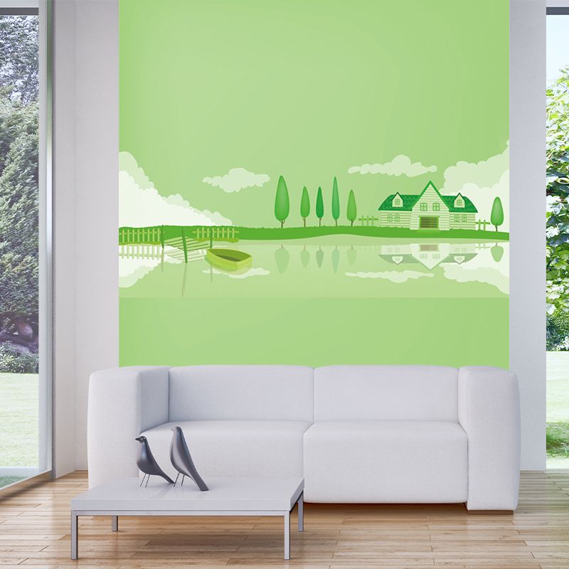 Green Lakeside House Wall Mural Decal Fantasy Cartoon Waterproof Wall Art for Nursery