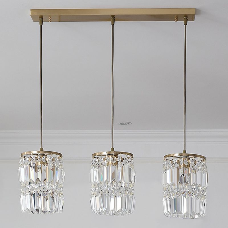 3-Lights K9 Crystal Drops Shade Island Light Brass Contemporary Style Kitchen Bar Hanging Lamp in Gold