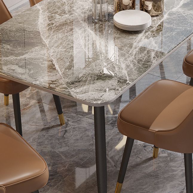 Contemporary Rectangle Stone Table for Restaurant Black Metal Pedestal Dining Table