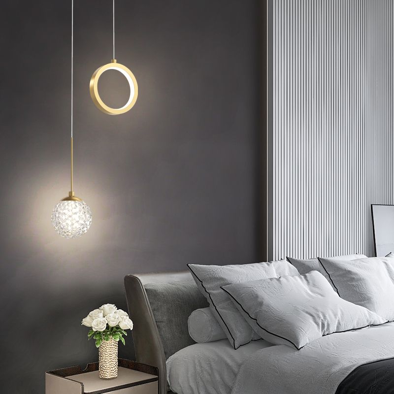 Glass Ball and Ring LED Pendant Minimalist 2-Light Gold Starry Suspension Light for Bedroom