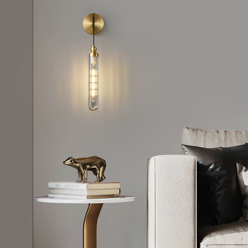 Black / Gold 1 - Light Wall Light Glass Tube Shade Solid Brass Wall Sconce