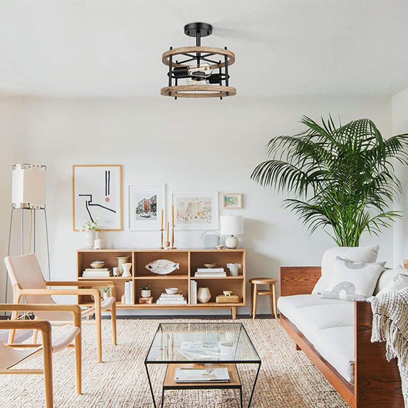 Luz de techo negro de madera en el estilo industrial de hierro forjado Geométrico Semi Flush Monte