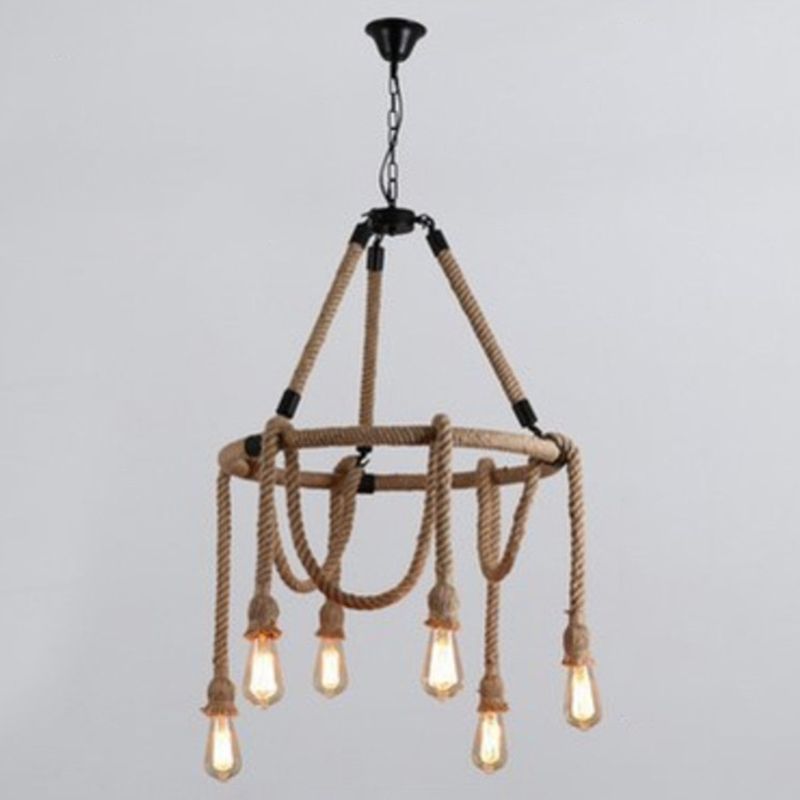 Hemp Rope Exposed Bulb Chandelier Antiqued Restaurant Pendant Light Kit in Beige