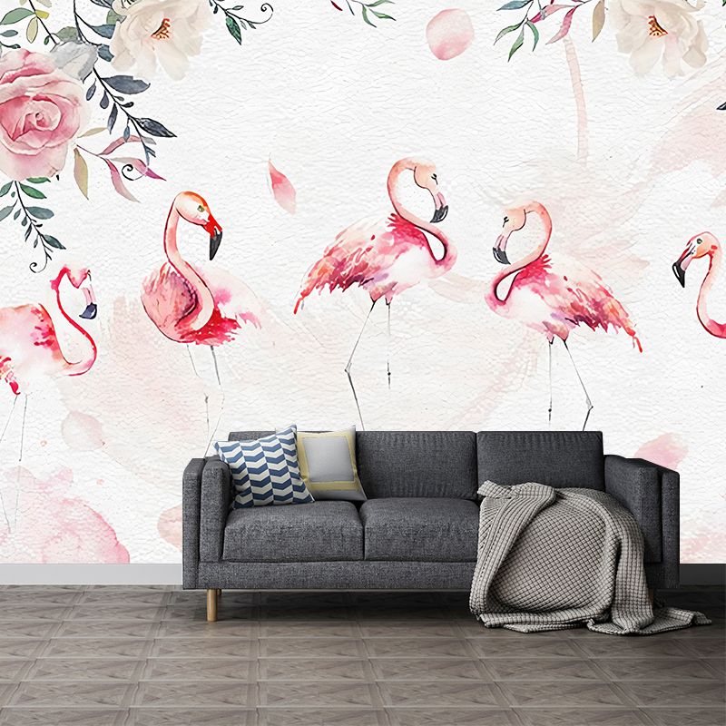 Pink Flamingo Wall Art Water-Resistant Mural Wallpaper for Girl's Bedroom