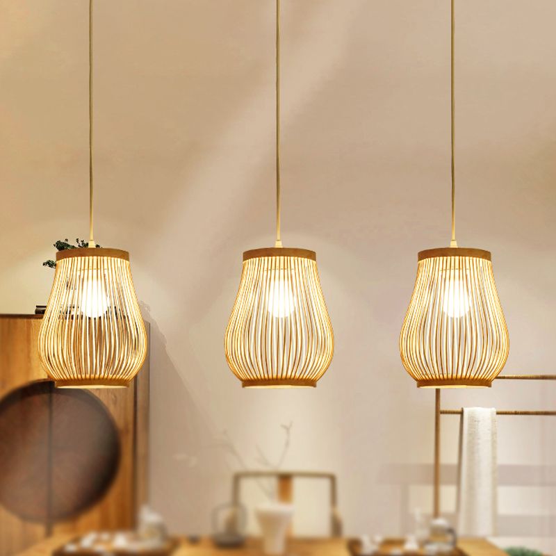 Bambus gewebter Schatten Anhänger Deckenleichter Asiatischer Stil 1 Glühbirne Beige Hanging Lampe, 7 "/8" breit