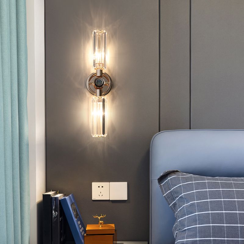 Gold Cylindrical Wall Lamp in Modern Luxury Style Wrought Iron 2-Light Wall Sconce with Crystal Shade