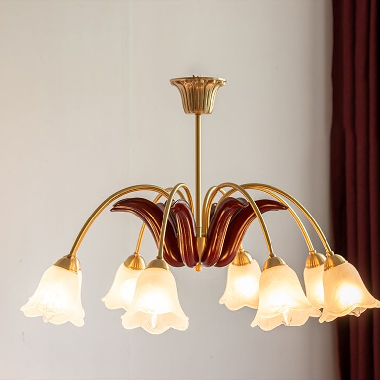 Frosted Glass Chandelier Antique Golden Scalloped Pendant Light Fixture for Living Room