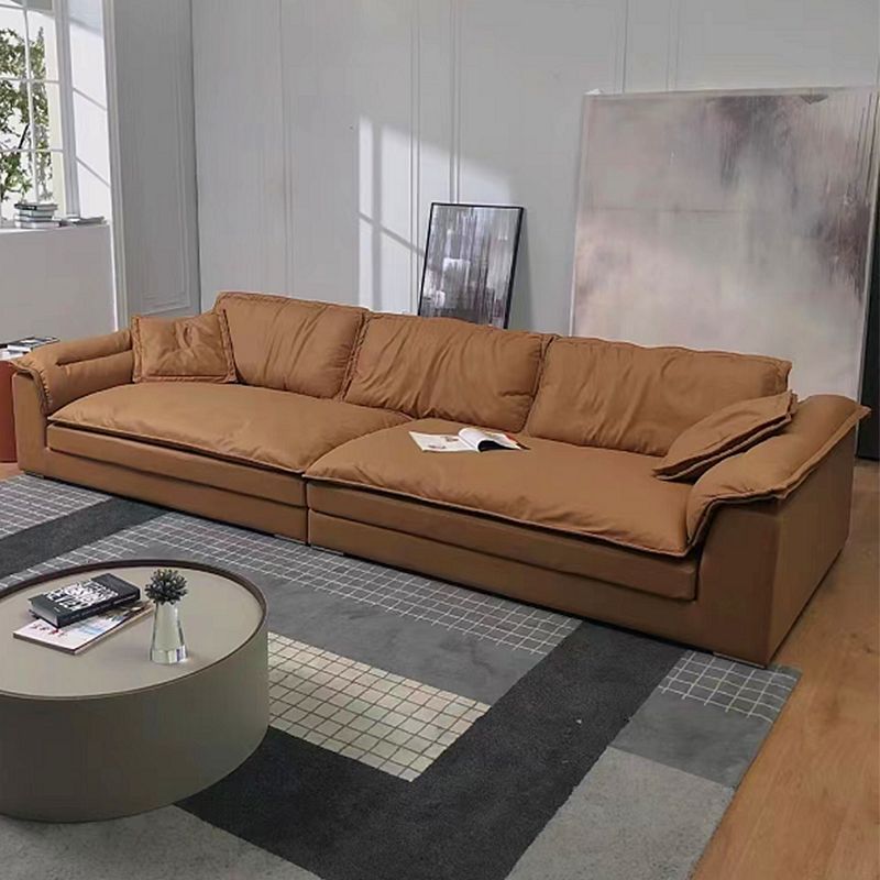 Modern Faux Leather Brown Sofa Pillow Top Arm Cushions Sofa & Chaise