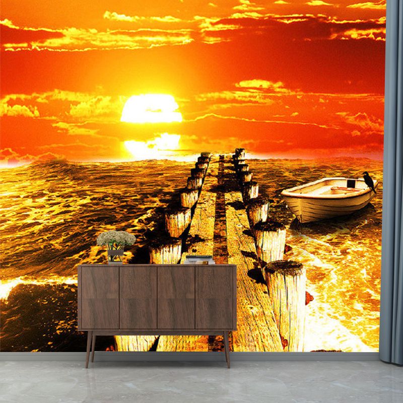 Photography Sea Sunset Mural Wallpaper for Living Room in Orange, Custom Size Available