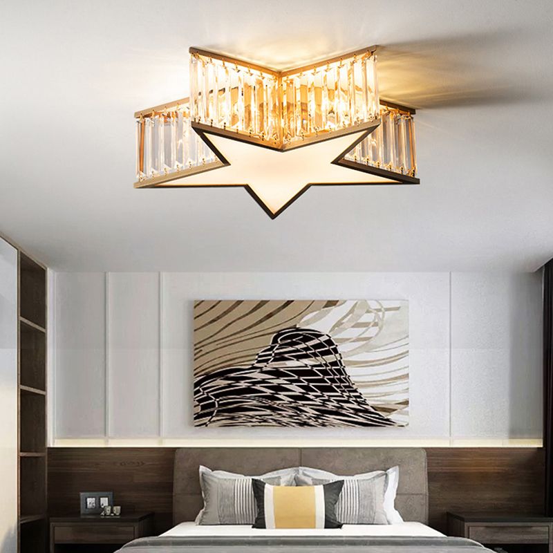 Copper Gold Ceiling Light in Colonical Luxury Style Crystal Star Ceiling Fixture for Bedroom