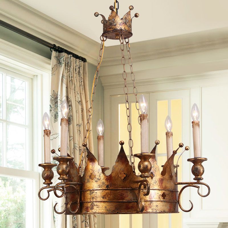 Pendre suspendu de la couronne de campagne 6 lumières du plafond en métal Chandelier en laiton antique pour le salon