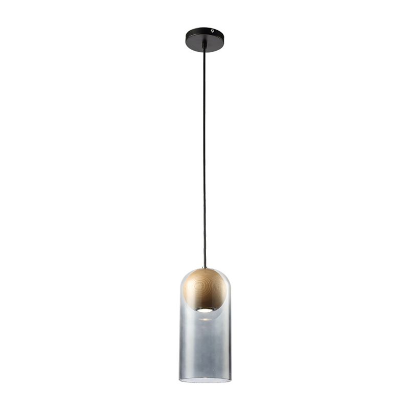 Cilindro Cilindro de lámpara de luz de humo moderno de vidrio gris comedor colgando con sombra de madera de globo en el interior