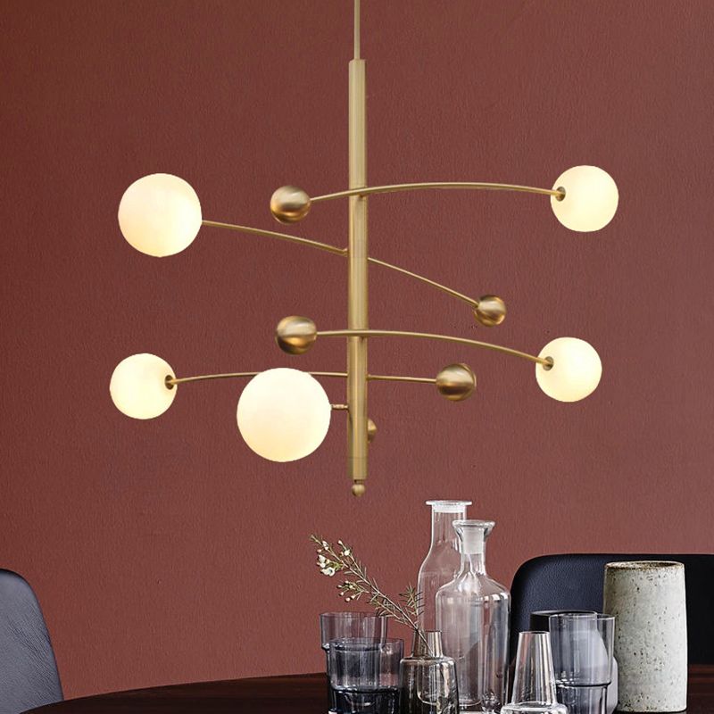 Post-Modern Hanging Chandelier Light Opal Glass Shade 5 Light Ceiling Chandelier in Gold for Bedroom