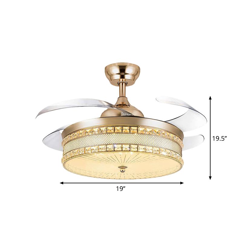 19 "W LED Slaapkamer Hangventilator Lamp Eenvoudig Gold 4 Blades Semi Flush Lighting met trommelkristallen schaduw