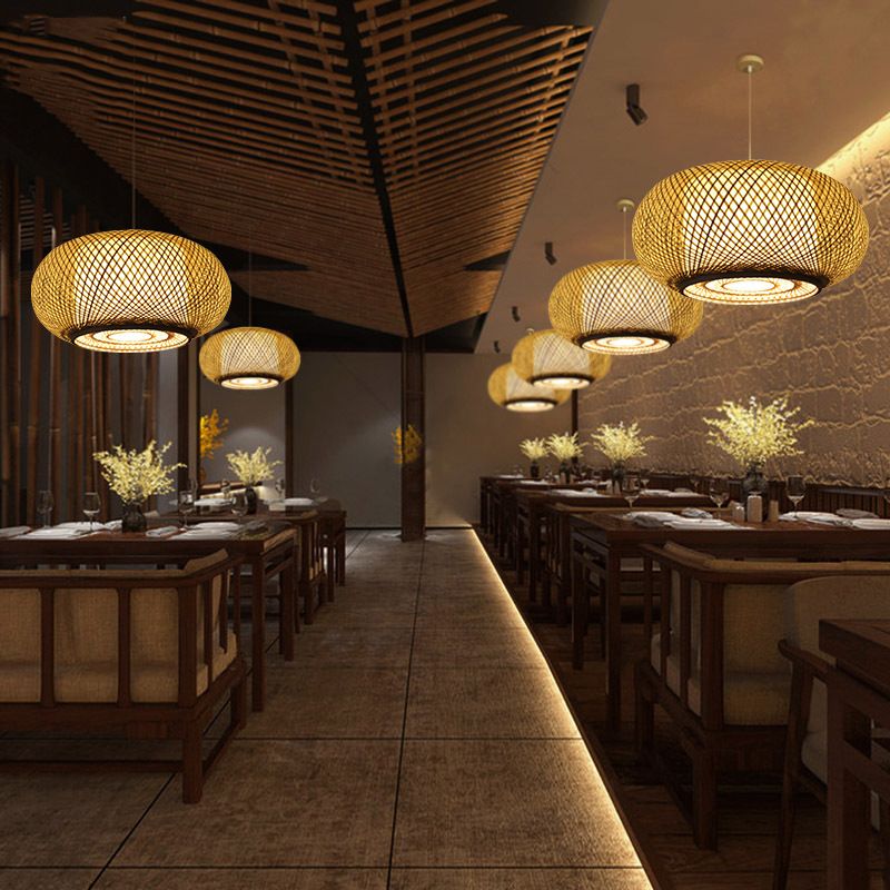 Asian Style Hanging Light 1-Light Hand Weaving Drum Shaped Pendant Lamp for Bedroom