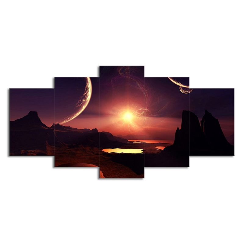 Purple-Red Science Fiction Canvas Print Mountain with Sunset Glow Landscape Wall Art for Room