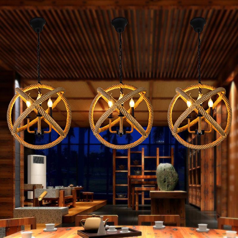 Sfera di illuminazione della sospensione di flaxen di corda di canapa 3 lampadine a sospensione a sospensione con candela metallica