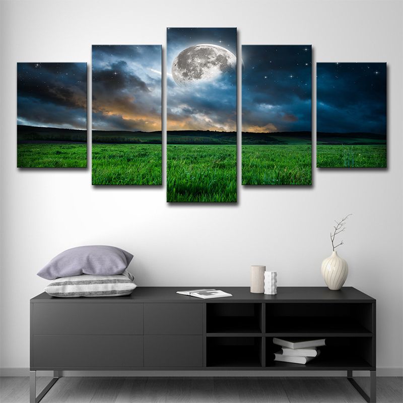 Green Meadow Landscape Wall Art Starry Moon Night Fictional Multi-Piece Canvas Print