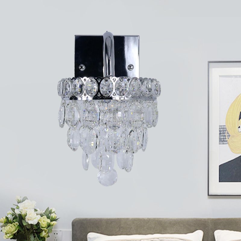 Fringe LED Wall Lighting Ideas Modern Chrome Faceted Crystal Sconce Light with Scroll Arm