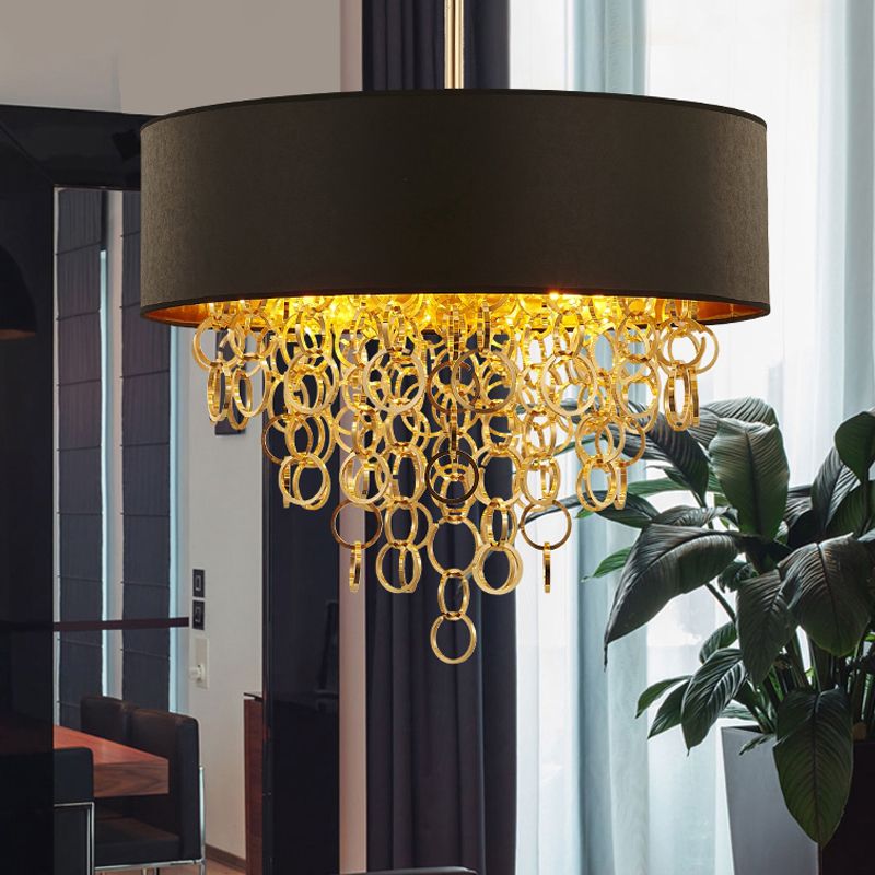 Cylinder Fabric Chandelier Lighting Vintage 3 Lights Living Room Pendant Lighting in Black with Gold Ring, 18"/23.5" Wide