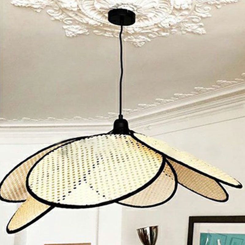 Flower-Like Ceiling Lighting Asian Style Rattan 1 Bulb Wood Hanging Lamp for Tea Room