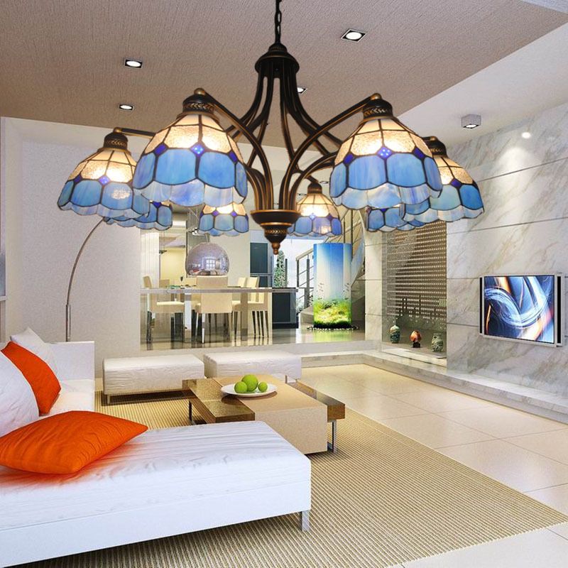 Blauw glas semi -globe kroonluchter met metalen ketting 6/8 lichten tiffany hangluchting voor slaapkamer