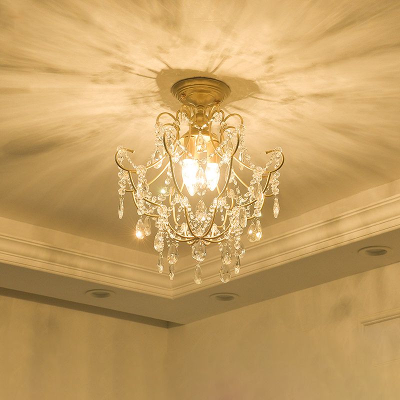 Gold Swooping Arm Semi Flush Light Contemporary Crystal Stands 3 Heads Porch Ceiling Flush