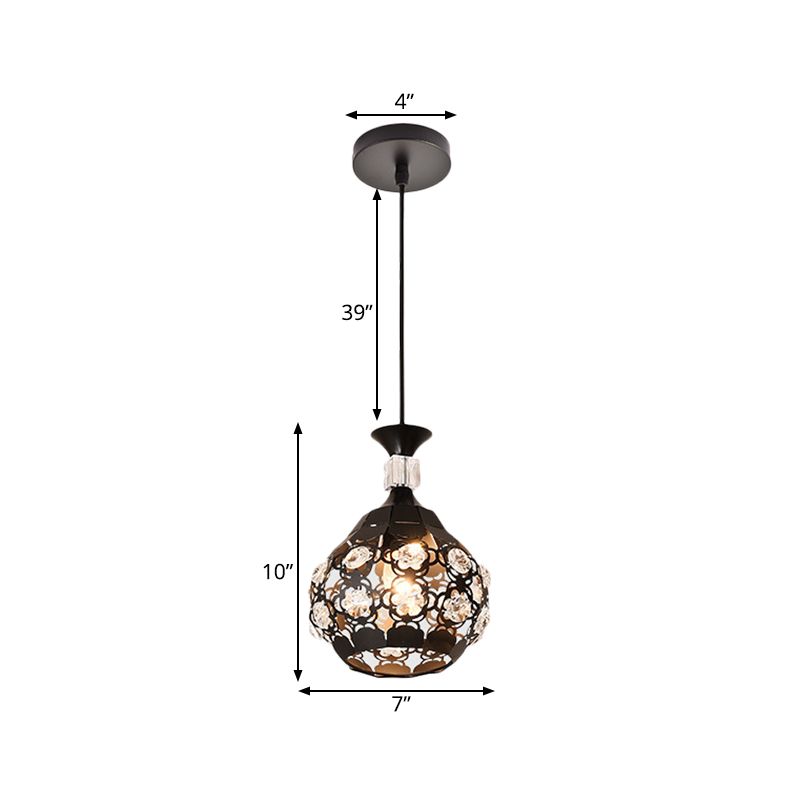 Hollow Out Flower Iron Suspension Light Modern 1-Head Black Finish Pendulum Lamp with Crystal Accent
