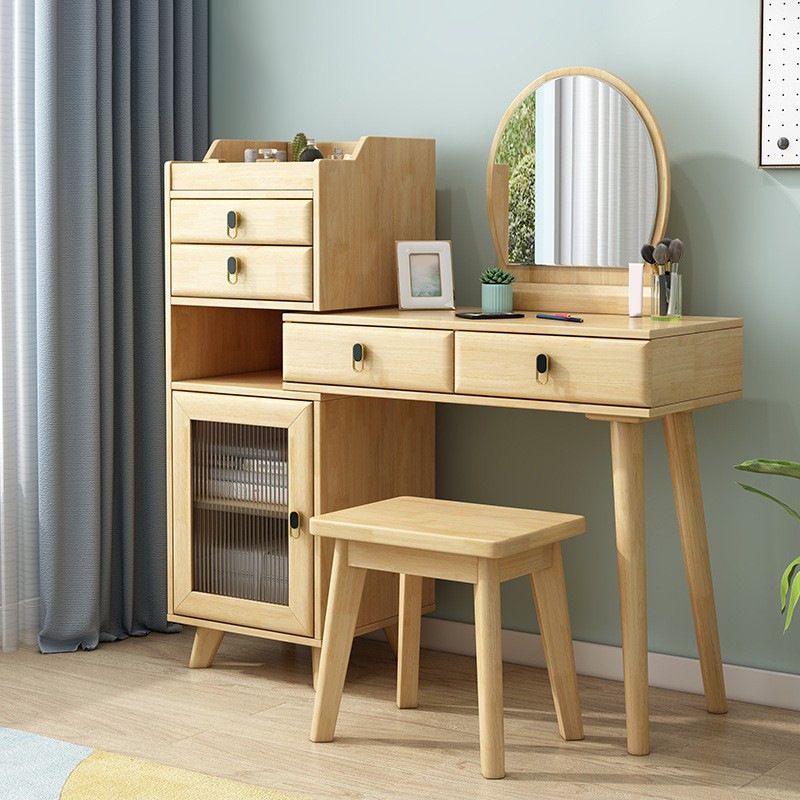 Wood Vanity Set with Stool and Mirror Scandinavian 4 Drawers Dresser