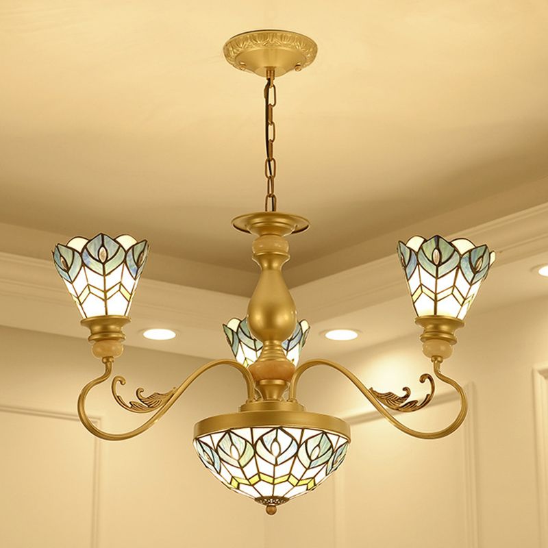 Tiffany Peacock Feather Chandelier Lighting 3/5/6 Lights Stained Glass Suspension Light in Gold for Living Room