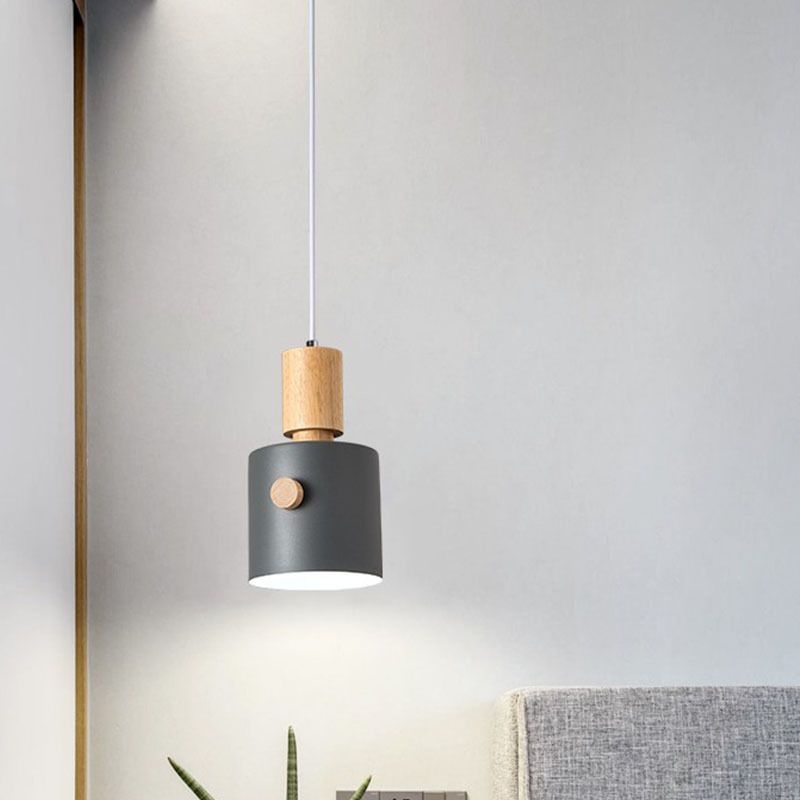 Modern Cylinder Pendant Light Kit Metal 1-Head Dining Room Ceiling Suspension Lamp with Wood Grip