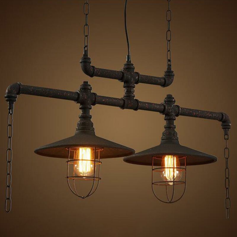 Iron Saucer over Island Lighting Rustic Dining Room Pendant Lamp with Cage Guard in Black