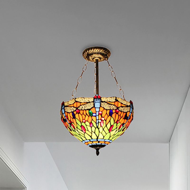 Plafonnier libellule en verre teinté de 12 "/ 16" de large, plafonnier semi-encastré inversé Tiffany rustique de Villa en orange