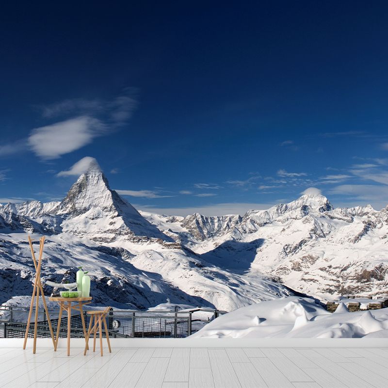 Photography Snow Mountain Overlook Mural for Living Room, Blue-White, Custom Printed