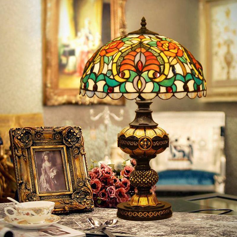 Flower Night Table Lighting 1 Head Stained Art Glass Victorian Bowl Desk Lamp in Beige/Orange with Oval Base