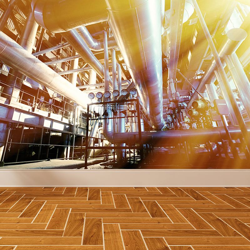 Yellow Industrial Machinery Wall Mural Moisture Resistant Wall Covering for Dining Room