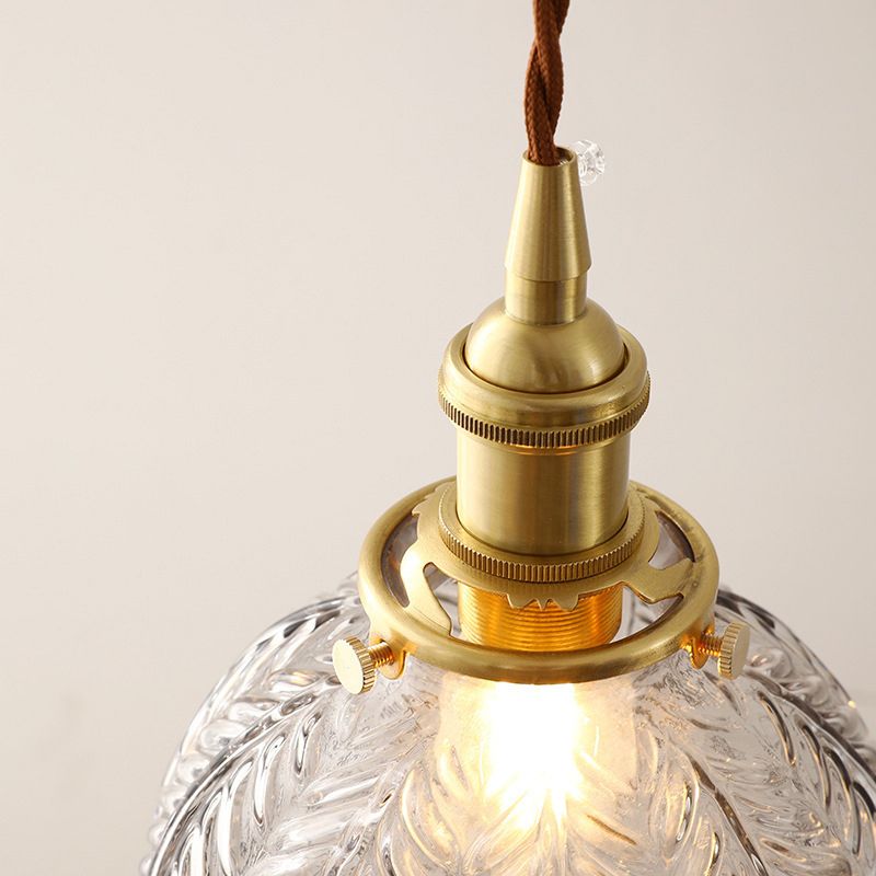 1 Head Spherical Pendant Light Kit Warehouse Brass Finish Clear Textured Glass Hanging Lamp Kit