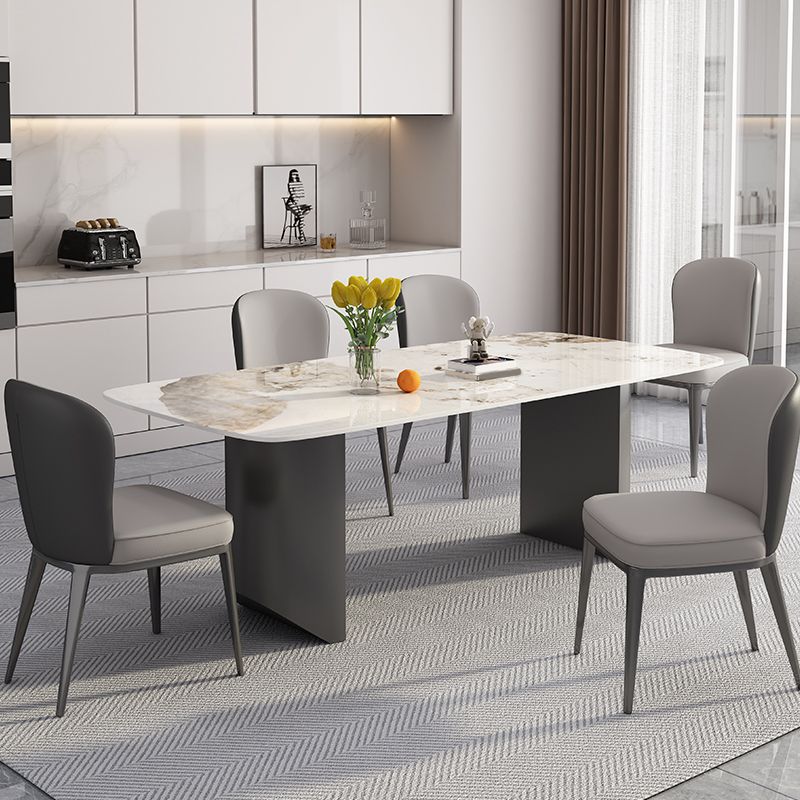 White Stone Top Dining Table Rectangular Tabletop with Metal Double Pedestal Base