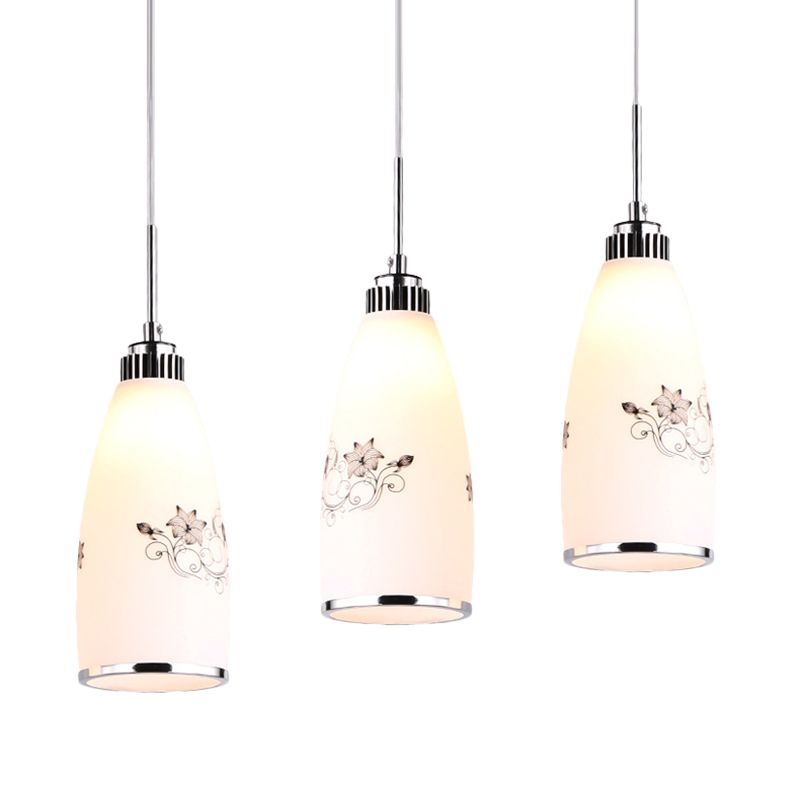 3-Bulb Cone Multiple Hanging Lamp Minimalism Black/Yellow/Blue Printing Glass Pendulum Lamp with Linear/Round Canopy