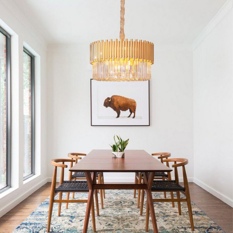 Drum Gold Drum Light Modernism 8 Heads Accensione a ciondolo a LED in cristallo in vetro smusso per ristorante