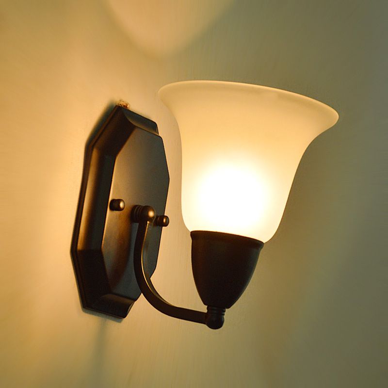 Frosted Glass Flared Wall Lamp Country Style Single Corridor Wall Light in Black