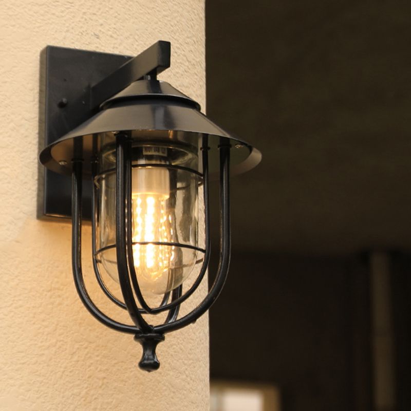 Caged Glass Wall Mounted Lighting Rustic 1 Bulb Outdoor Wall Sconce Light in Black