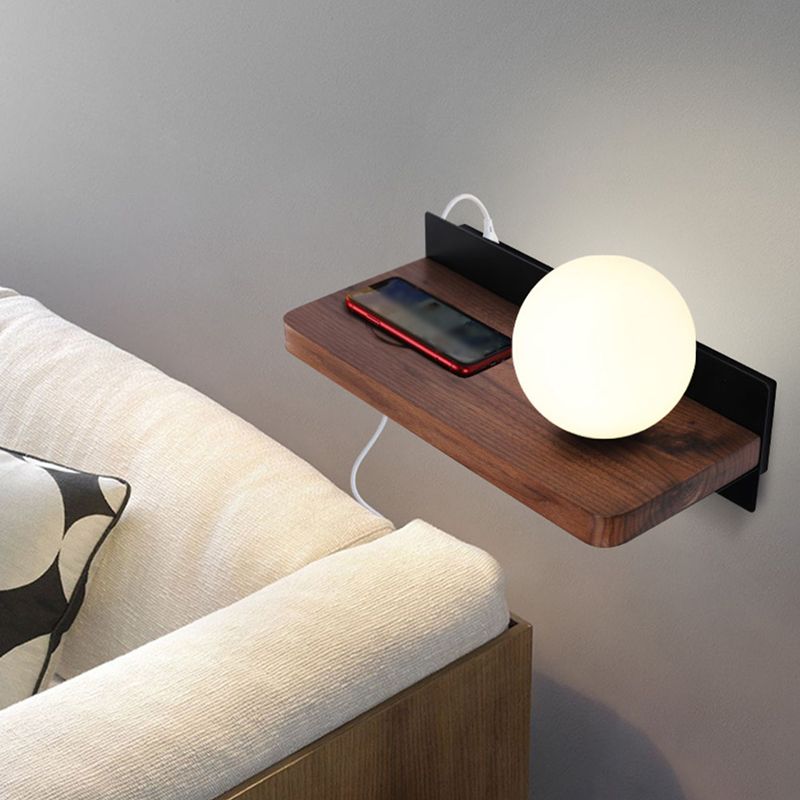 Contemporary Wood Wall Mounted Lighting Glass Shade Wall Lamp for Bedroom