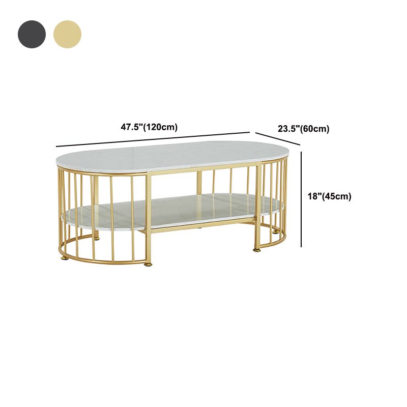 Glam Style Cocktail Table with Shelf and Stone Top and Steel Base