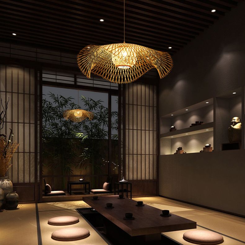 Beige Asia Pendulum Light Rattan 1-Light Hanging Ceiling Light for Dining Room